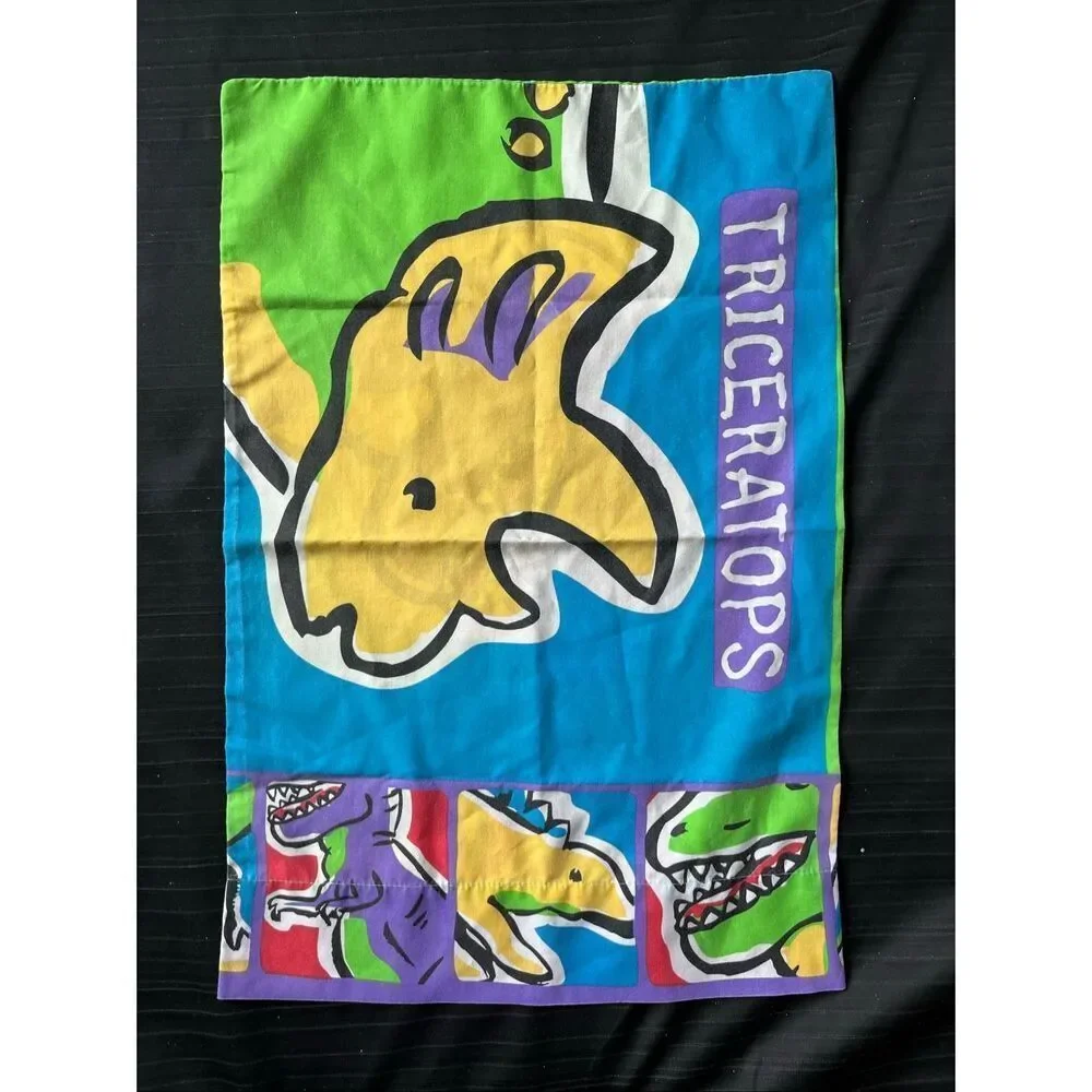 VTG Dinosaur Pillowcase Triceratops T Rex Kids Bedding Colorful Retro